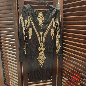 Azaka Elegant Black and Gold Embellished Dress